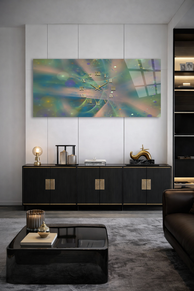 KIRILMAZ CAM DUVAR SAATİ , HEM TABLO HEM SAAT SOYUT PASTEL RENKLER SANATSAL TASARIM EV OFİS HEDİYESİ