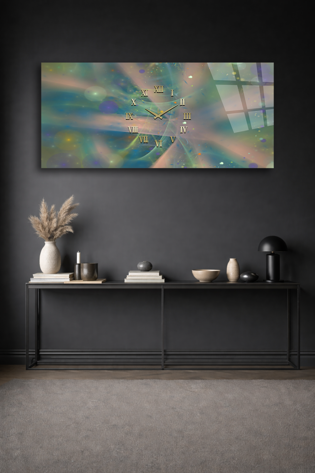KIRILMAZ CAM DUVAR SAATİ , HEM TABLO HEM SAAT SOYUT PASTEL RENKLER SANATSAL TASARIM EV OFİS HEDİYESİ