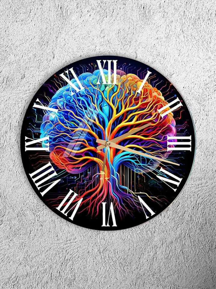 KIRILMAZ CAM DUVAR SAATİ, HEM TABLO HEM SAAT RENKLİ BEYİN AĞACI SANATSAL TASARIM EV OFİS HEDİYESİ