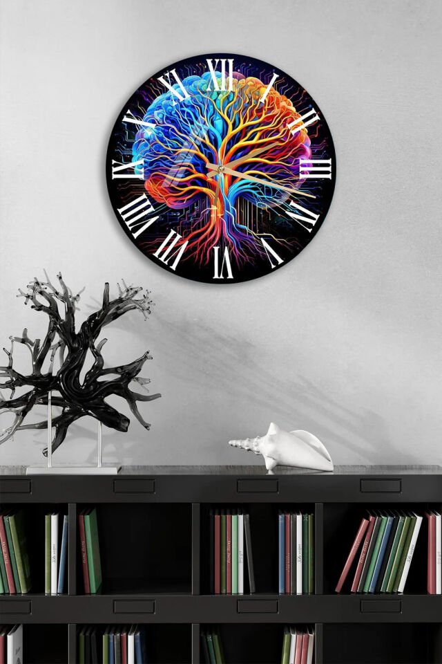 KIRILMAZ CAM DUVAR SAATİ, HEM TABLO HEM SAAT RENKLİ BEYİN AĞACI SANATSAL TASARIM EV OFİS HEDİYESİ