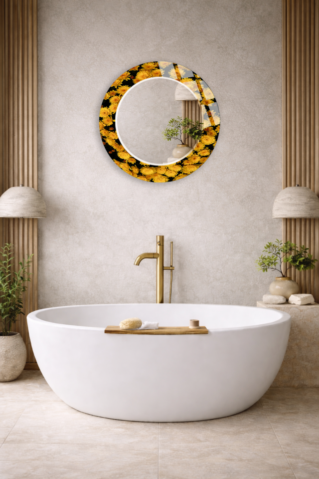 HEM TABLO HEM AYNA SARI ÇİÇEK DESENLİ DEKORATİF CAM DUVAR AYNASI BANYO VE EV DEKORU