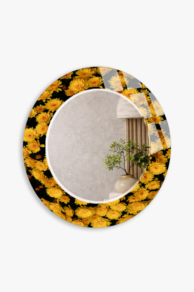 HEM TABLO HEM AYNA SARI ÇİÇEK DESENLİ DEKORATİF CAM DUVAR AYNASI BANYO VE EV DEKORU