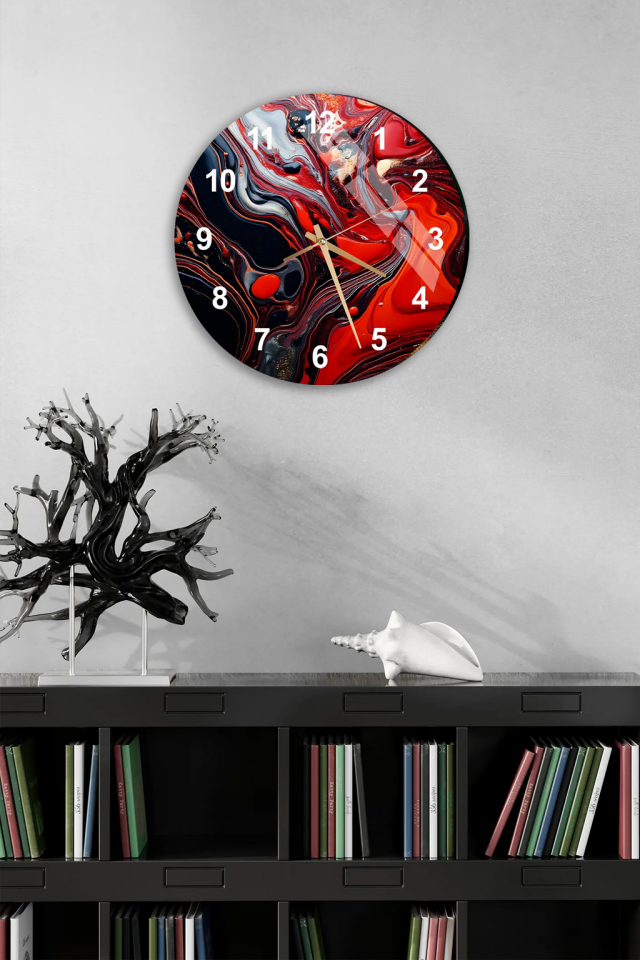 KIRILMAZ CAM DUVAR SAATİ, HEM TABLO HEM SAAT KIRMIZI SİYAH SOYUT MERMER DESEN EV OFİS HEDİYESİ