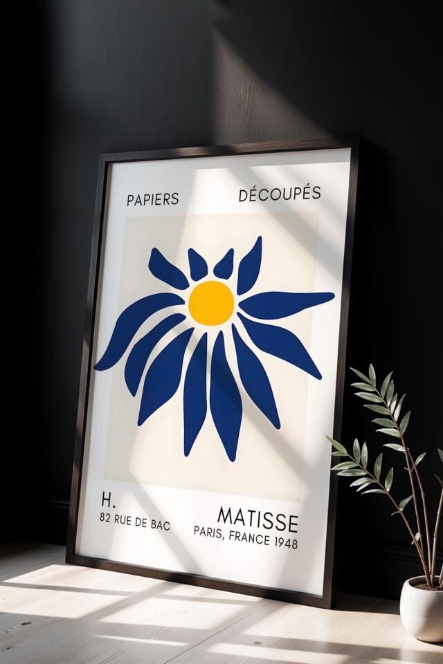 SİYAH - Botanik Serisi Lacivert Çiçekli Matisse Doğal Ahşap Çerçeveli Duvar Tablosu