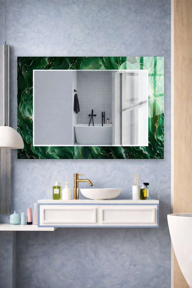 HEM TABLO HEM AYNA ZÜMRÜT YEŞİL AKIŞKAN SANAT CAM DUVAR AYNASI EV DEKORU