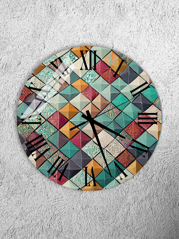 KIRILMAZ CAM DUVAR SAATİ, HEM TABLO HEM SAAT GEOMETRİK RENKLİ KARO MOZAYİK EV OFİS HEDİYESİ