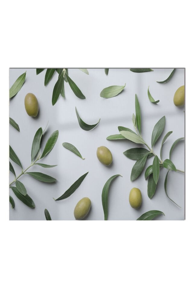 Beyaz - Cam Ocak Arkası Koruyucu Tezgah Ankastre Arkası Koruyucu 60x52 cm | Zeytin Dalı Temalı