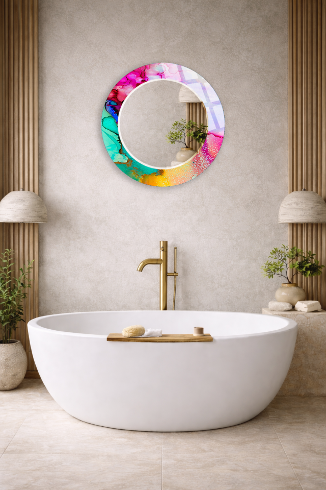 HEM TABLO HEM AYNA RENKLİ MERMER EFEKT DESENLİ DEKORATİF CAM DUVAR AYNASI BANYO VE EV DEKORU