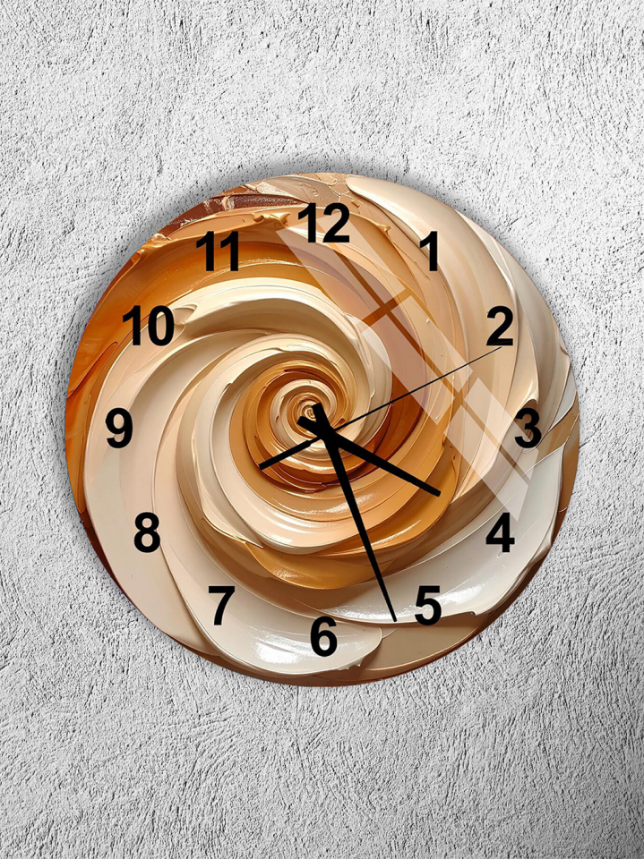 KIRILMAZ CAM DUVAR SAATİ, HEM TABLO HEM SAAT KREM ALTIN SPİRAL SOYUT TASARIM EV OFİS HEDİYESİ