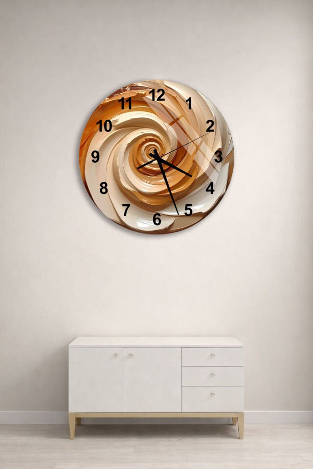 KIRILMAZ CAM DUVAR SAATİ, HEM TABLO HEM SAAT KREM ALTIN SPİRAL SOYUT TASARIM EV OFİS HEDİYESİ