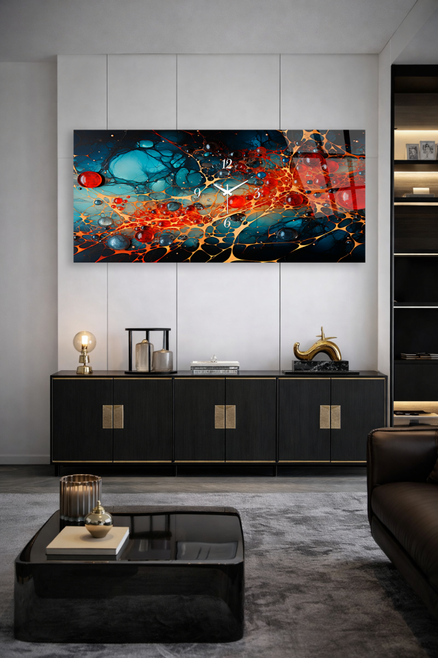 KIRILMAZ CAM DUVAR SAATİ , HEM TABLO HEM SAAT SOYUT RENKLİ SANAT TASARIMI MODERN EV OFİS HEDİYESİ
