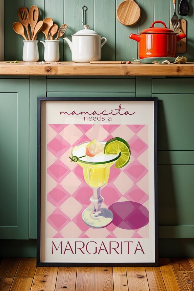 SİYAH - Margarita Tarifi Pembe Zemin Mutfak Ahşap Çerçeveli Duvar Tablosu