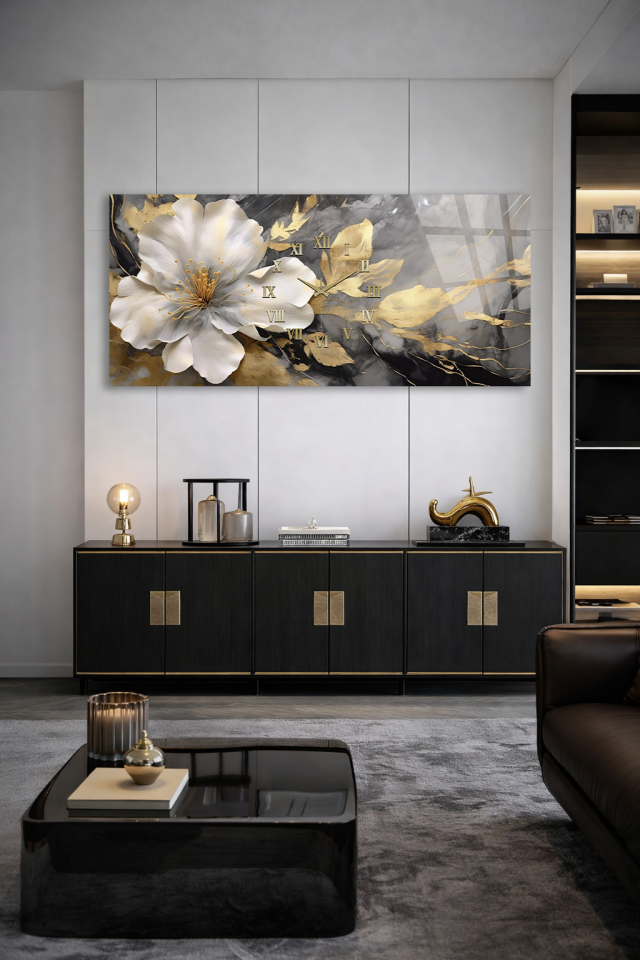 KIRILMAZ CAM DUVAR SAATİ , HEM TABLO HEM SAAT ALTIN BEYAZ ÇİÇEK MERMER DESEN EV OFİS HEDİYESİ