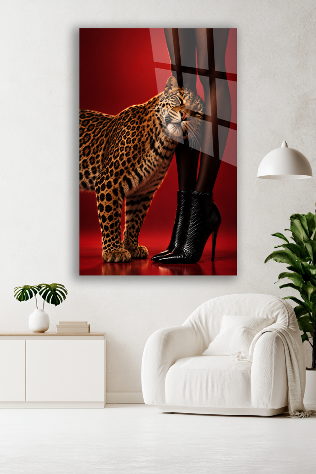 KIRMIZI ARKA PLAN LEOPAR FİGÜRLÜ MODERN CAM TABLO EV OFİS HEDİYESİ