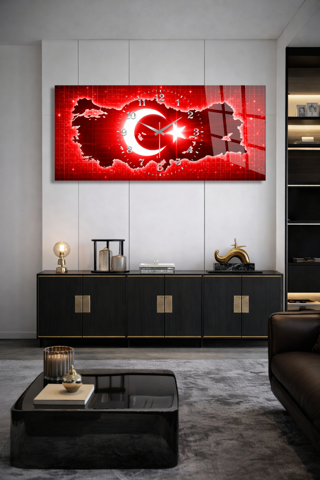 KIRILMAZ CAM DUVAR SAATİ, HEM TABLO HEM SAAT TÜRKİYE HARİTASI AY YILDIZ TASARIMLI KIRMIZI DEKORATİF EV OFİS HEDİYESİ