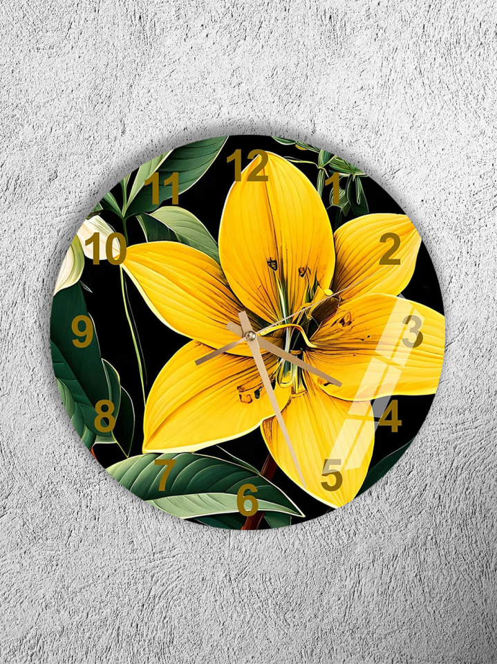KIRILMAZ CAM DUVAR SAATİ, HEM TABLO HEM SAAT SİYAH ZEMİN SARI ZAMBAK ÇİÇEK LÜKS EV OFİS HEDİYESİ