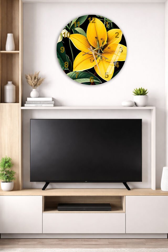 KIRILMAZ CAM DUVAR SAATİ, HEM TABLO HEM SAAT SİYAH ZEMİN SARI ZAMBAK ÇİÇEK LÜKS EV OFİS HEDİYESİ