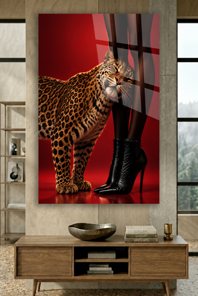 KIRMIZI ARKA PLAN LEOPAR FİGÜRLÜ MODERN CAM TABLO EV OFİS HEDİYESİ