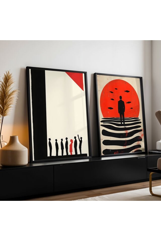 SİYAH - Red Abstract İnsan Figürü İkili Doğal Ahşap Çerçeveli Duvar Tablo Seti