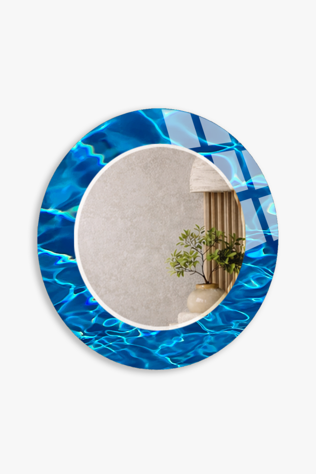 HEM TABLO HEM AYNA MAVİ SU DALGASI DESENLİ DEKORATİF CAM DUVAR AYNASI BANYO VE EV DEKORU