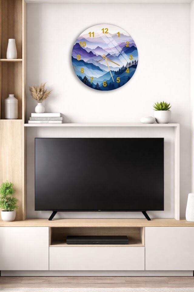 KIRILMAZ CAM DUVAR SAATİ, HEM TABLO HEM SAAT MAVİ DAĞ MANZARASI DOĞA TEMALI EV OFİS HEDİYESİ