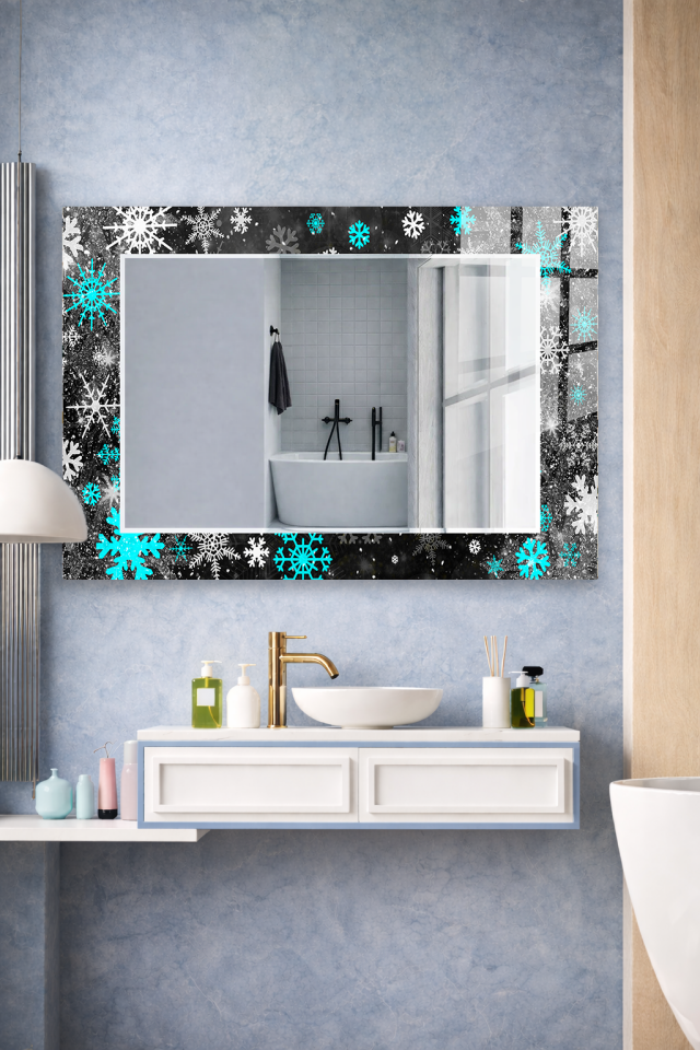 HEM TABLO HEM AYNA KIŞ TEMALI KAR TANESİ DESEN CAM DUVAR AYNASI EV DEKORU