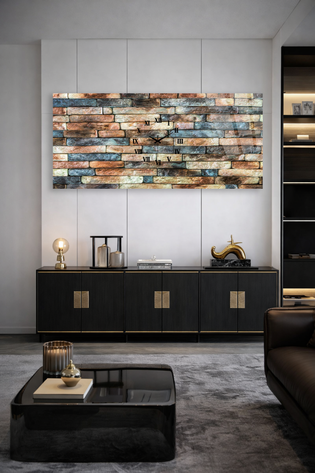 KIRILMAZ CAM DUVAR SAATİ , HEM TABLO HEM SAAT DOĞAL TAŞ DUVAR DESENLİ RUSTİK ŞIK EV OFİS HEDİYESİ