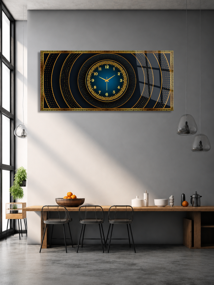KIRILMAZ CAM DUVAR SAATİ, HEM TABLO HEM SAAT LACİVERT GOLD GEOMETRİK LÜKS TASARIM DEKORATİF EV OFİS HEDİYESİ