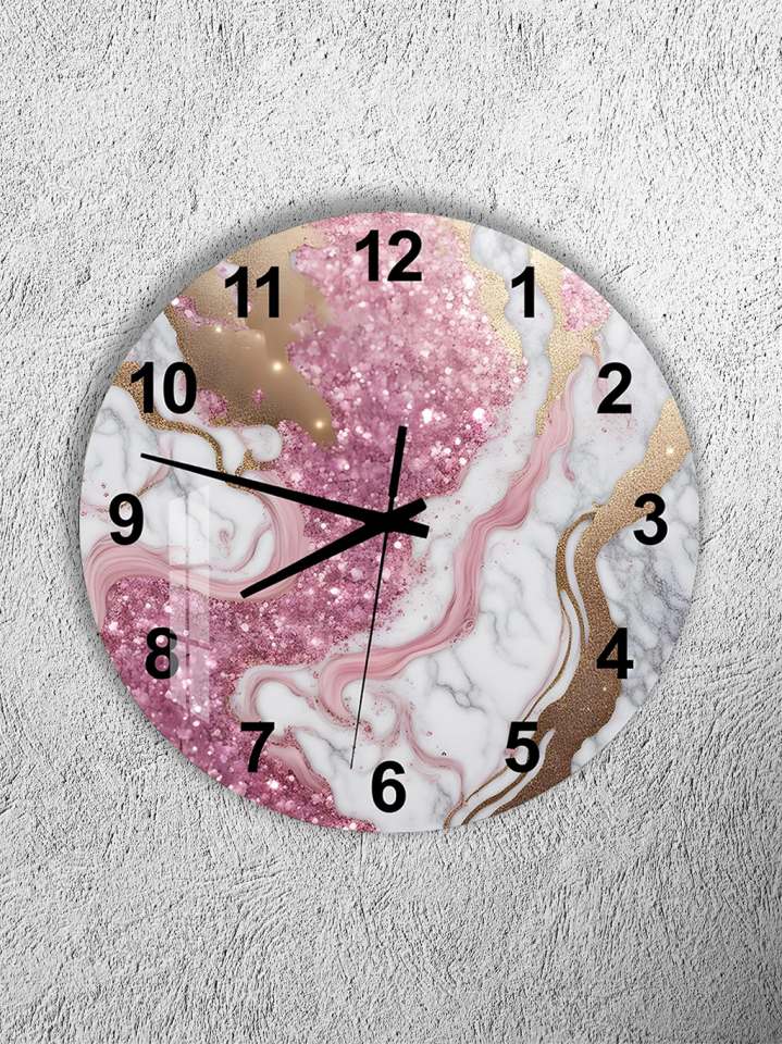 KIRILMAZ CAM DUVAR SAATİ, HEM TABLO HEM SAAT PEMBE BEYAZ MERMER ALTIN DAMAR EV OFİS HEDİYESİ