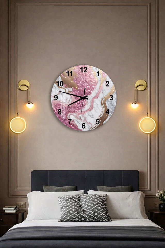 KIRILMAZ CAM DUVAR SAATİ, HEM TABLO HEM SAAT PEMBE BEYAZ MERMER ALTIN DAMAR EV OFİS HEDİYESİ