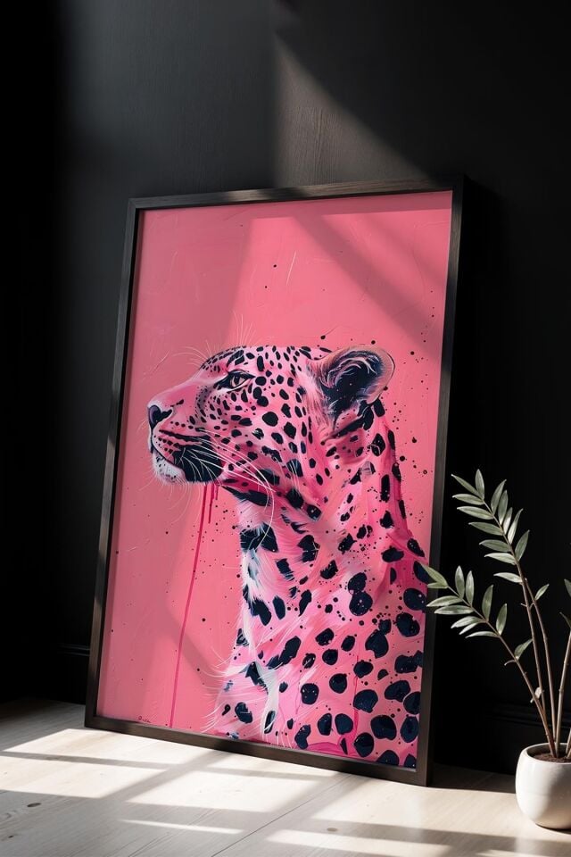 SİYAH - Leopar Kalpli Desen Trendy Maksimalist Sanatı Ahşap Çerçeveli Duvar Tablosu