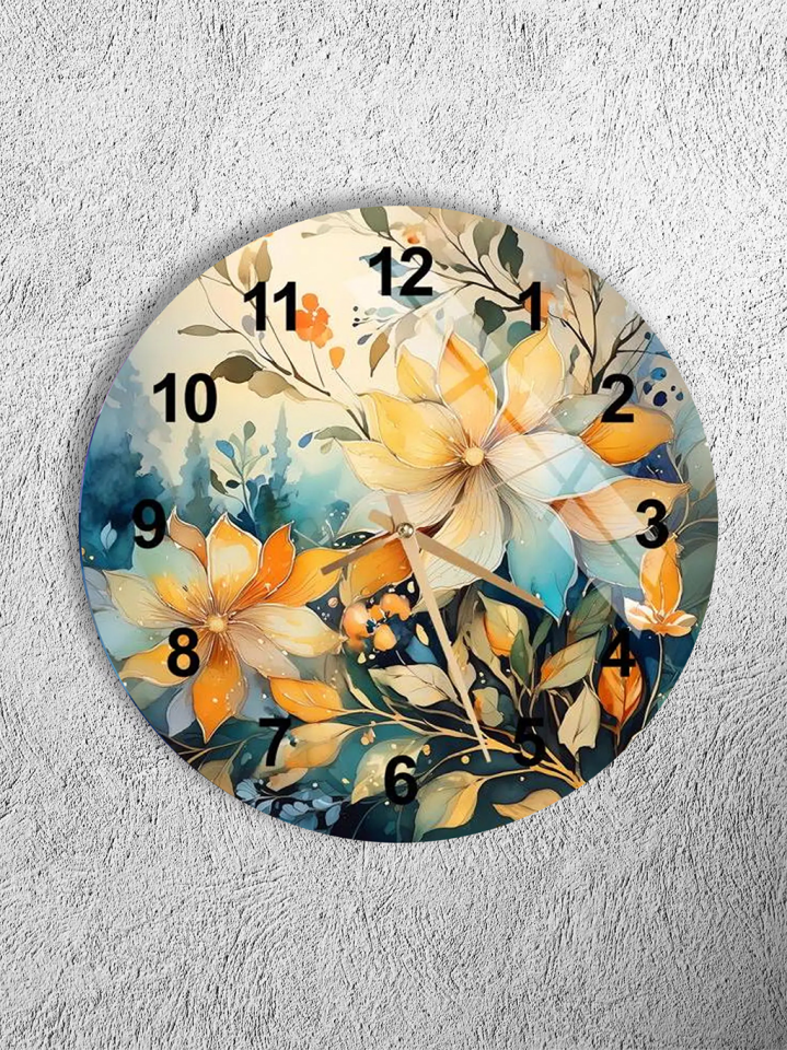 KIRILMAZ CAM DUVAR SAATİ, HEM TABLO HEM SAAT SARI MAVİ ÇİÇEK DESEN SANATSAL EV OFİS HEDİYESİ