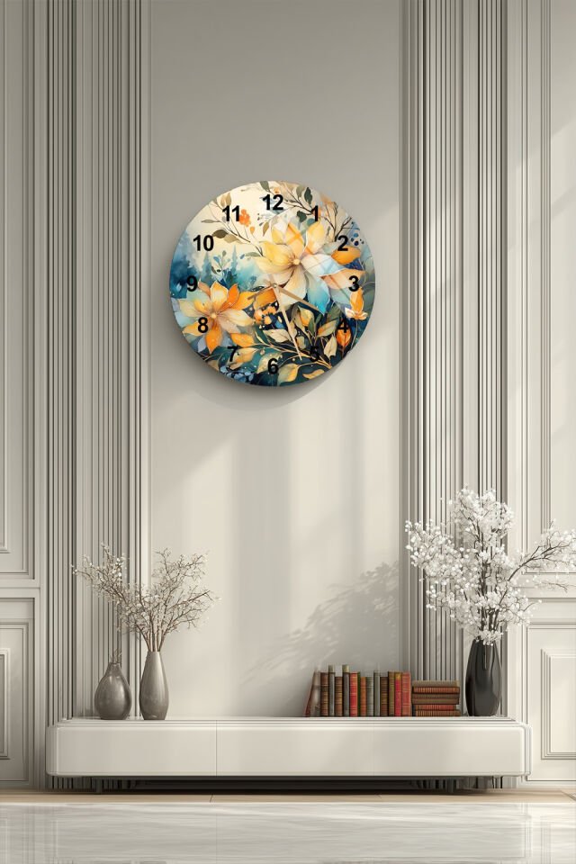 KIRILMAZ CAM DUVAR SAATİ, HEM TABLO HEM SAAT SARI MAVİ ÇİÇEK DESEN SANATSAL EV OFİS HEDİYESİ