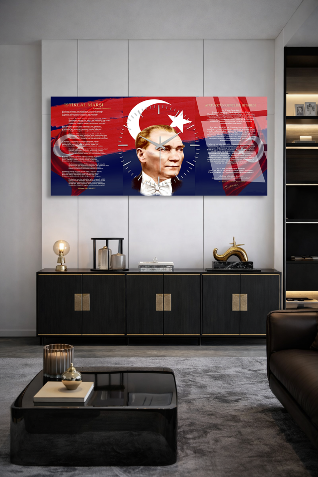 İSTİKLAL MARŞI GENÇLİĞE HİTABE VE ATATÜRK KIRILMAZ CAM SAAT HEM TABLO HEM SAAT LÜKS HEDİYE