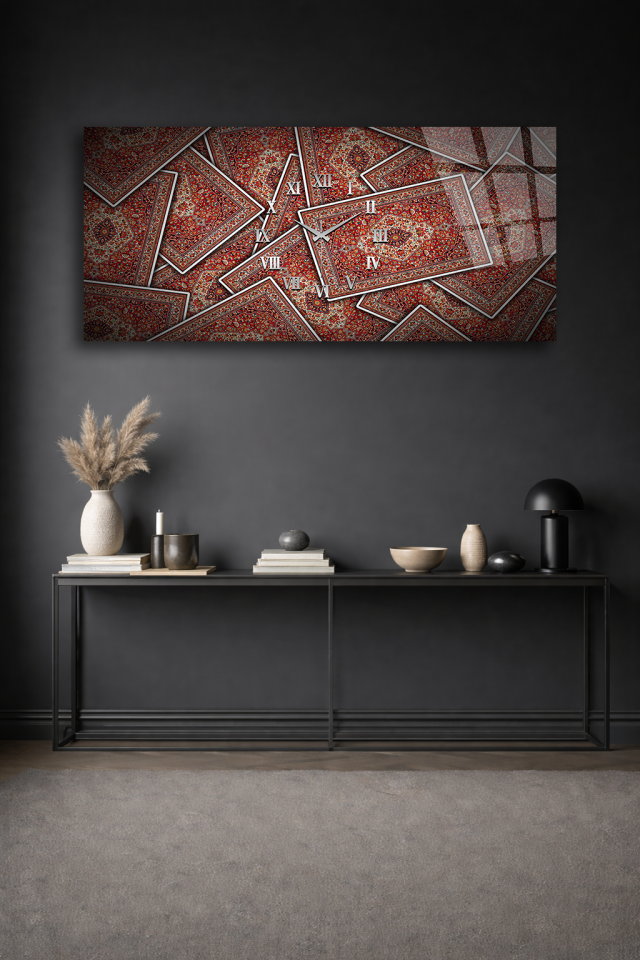 KIRILMAZ CAM DUVAR SAATİ , HEM TABLO HEM SAAT GELENEKSEL HALI DESEN SANATSAL EV OFİS HEDİYESİ