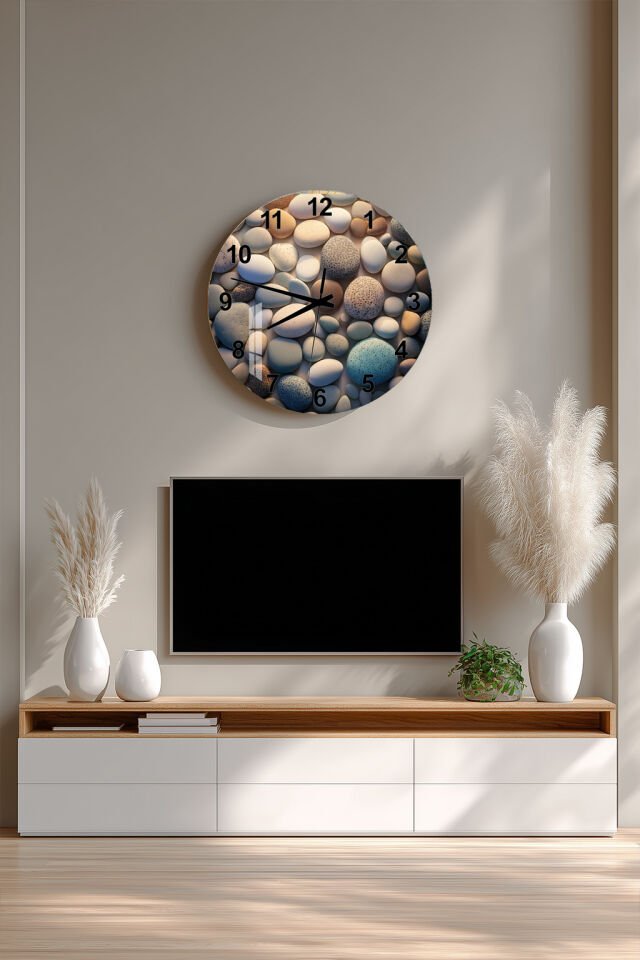 KIRILMAZ CAM DUVAR SAATİ, HEM TABLO HEM SAAT ZEN TAŞLARI DOĞAL DOKU TASARIM EV OFİS HEDİYESİ