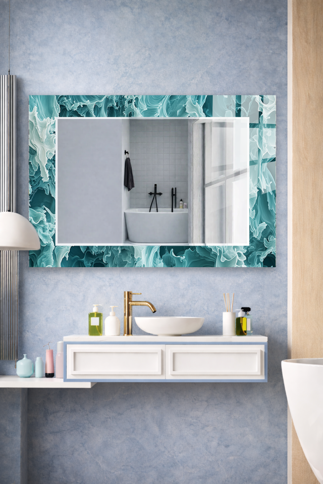 HEM TABLO HEM AYNA OKYANUS DALGA SOYUT DESEN CAM DUVAR AYNASI EV DEKORU