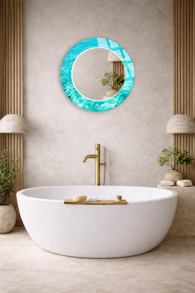 HEM TABLO HEM AYNA TURKUAZ DENİZ DESENLİ DEKORATİF CAM DUVAR AYNASI BANYO VE EV DEKORU