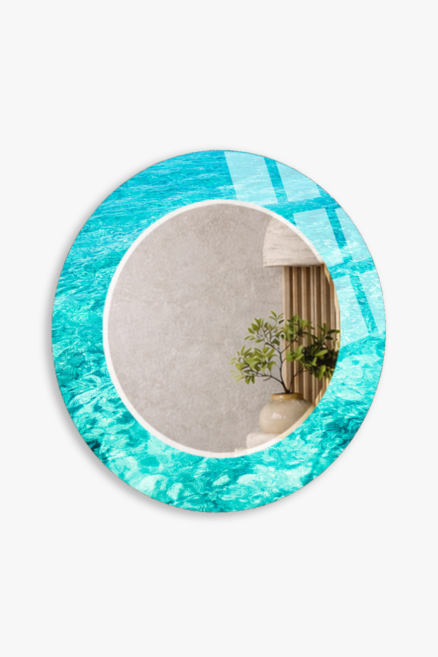 HEM TABLO HEM AYNA TURKUAZ DENİZ DESENLİ DEKORATİF CAM DUVAR AYNASI BANYO VE EV DEKORU