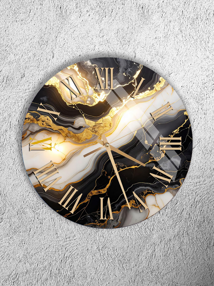 KIRILMAZ CAM DUVAR SAATİ, HEM TABLO HEM SAAT SİYAH BEYAZ ALTIN DAMARLI MERMER EV OFİS HEDİYESİ