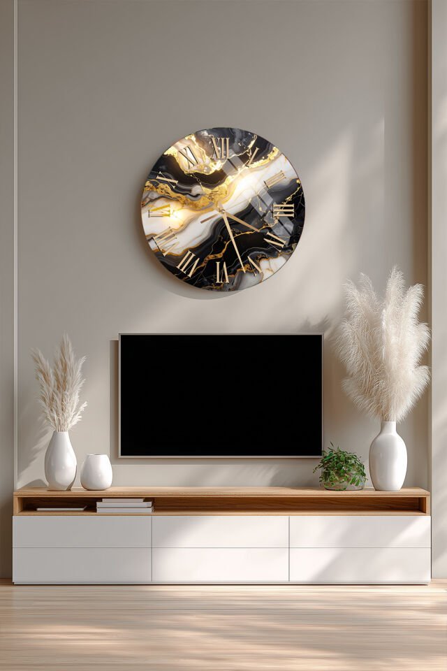 KIRILMAZ CAM DUVAR SAATİ, HEM TABLO HEM SAAT SİYAH BEYAZ ALTIN DAMARLI MERMER EV OFİS HEDİYESİ