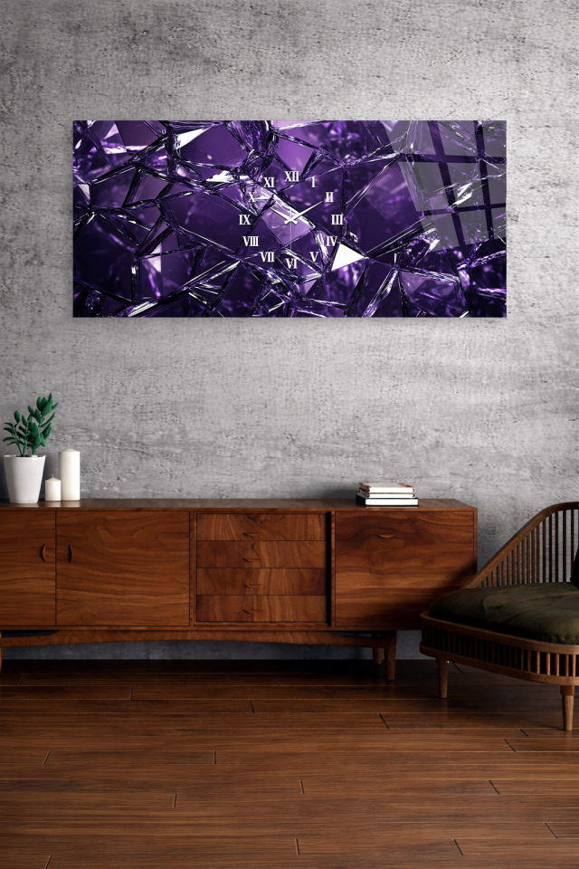 KIRILMAZ CAM DUVAR SAATİ , HEM TABLO HEM SAAT MOR KRİSTAL CAM EFEKTLİ LÜKS TASARIM EV OFİS HEDİYESİ