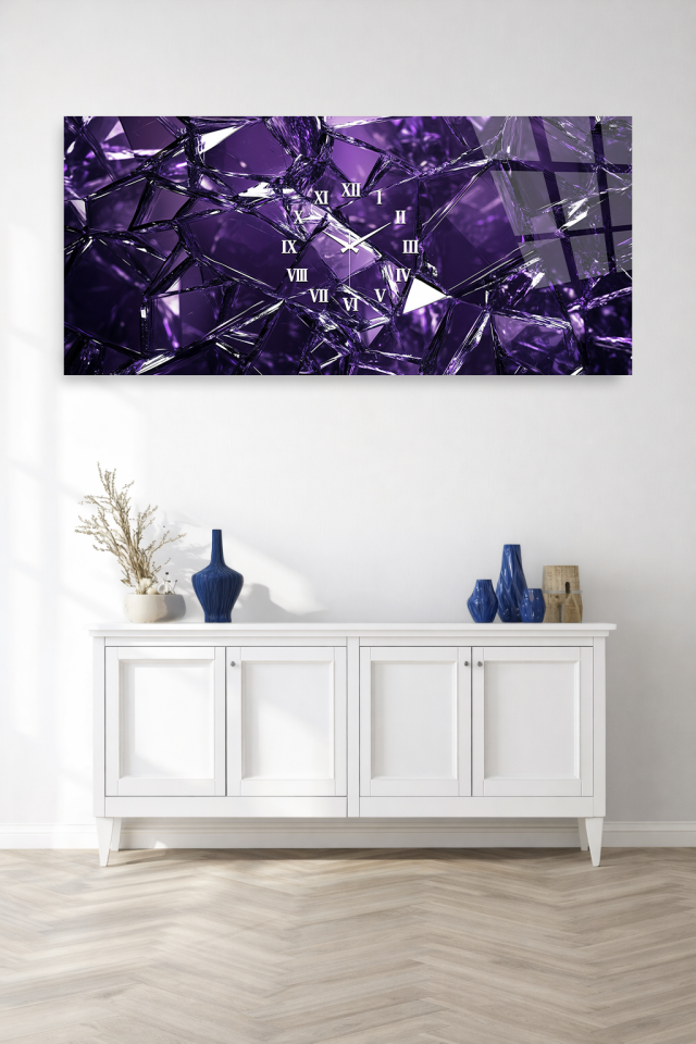 KIRILMAZ CAM DUVAR SAATİ , HEM TABLO HEM SAAT MOR KRİSTAL CAM EFEKTLİ LÜKS TASARIM EV OFİS HEDİYESİ