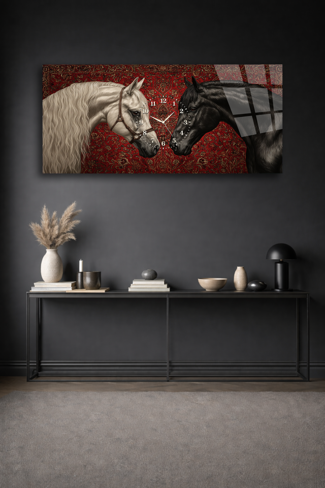 KIRILMAZ CAM DUVAR SAATİ , HEM TABLO HEM SAAT BEYAZ VE SİYAH ATLAR KLASİK TASARIM EV OFİS HEDİYESİ
