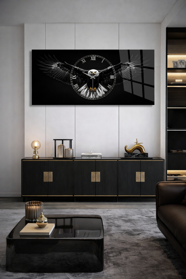 KIRILMAZ CAM DUVAR SAATİ, HEM TABLO HEM SAAT KARTAL TEMALI SİYAH MODERN GÜÇLÜ TASARIM EV OFİS HEDİYESİ