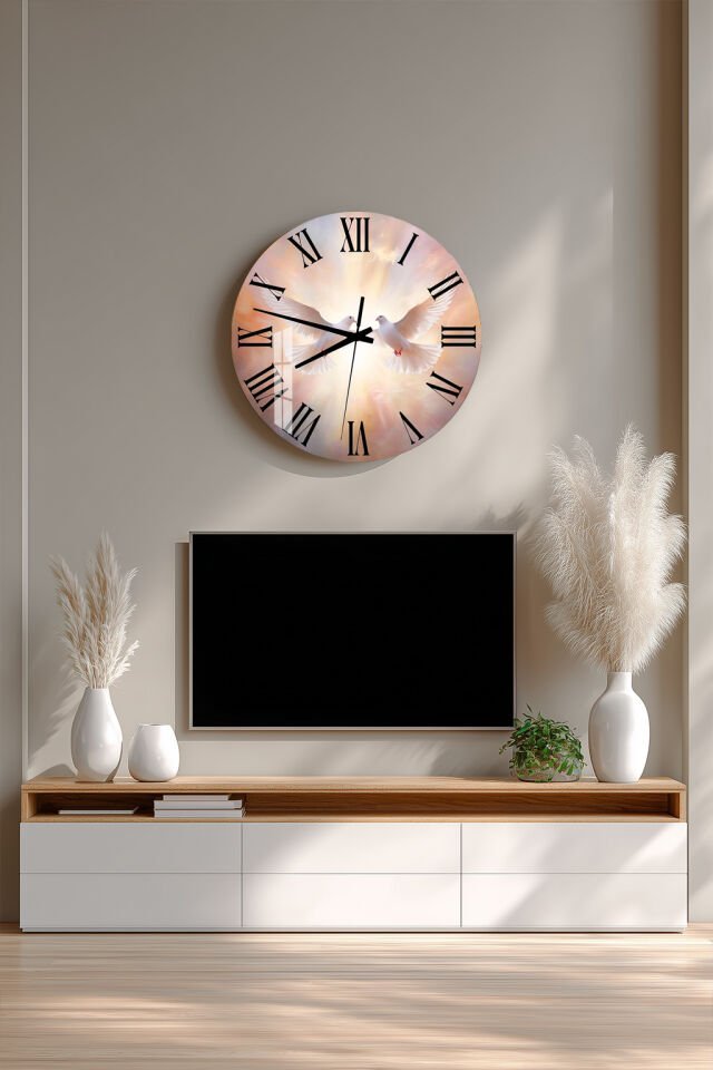 KIRILMAZ CAM DUVAR SAATİ, HEM TABLO HEM SAAT BEYAZ GÜVERCİN BARIŞ TEMASI EV OFİS HEDİYESİ