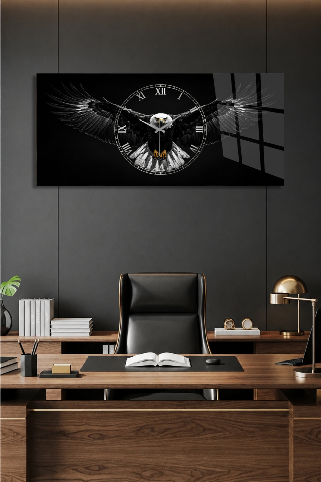 KIRILMAZ CAM DUVAR SAATİ, HEM TABLO HEM SAAT KARTAL TEMALI SİYAH MODERN GÜÇLÜ TASARIM EV OFİS HEDİYESİ