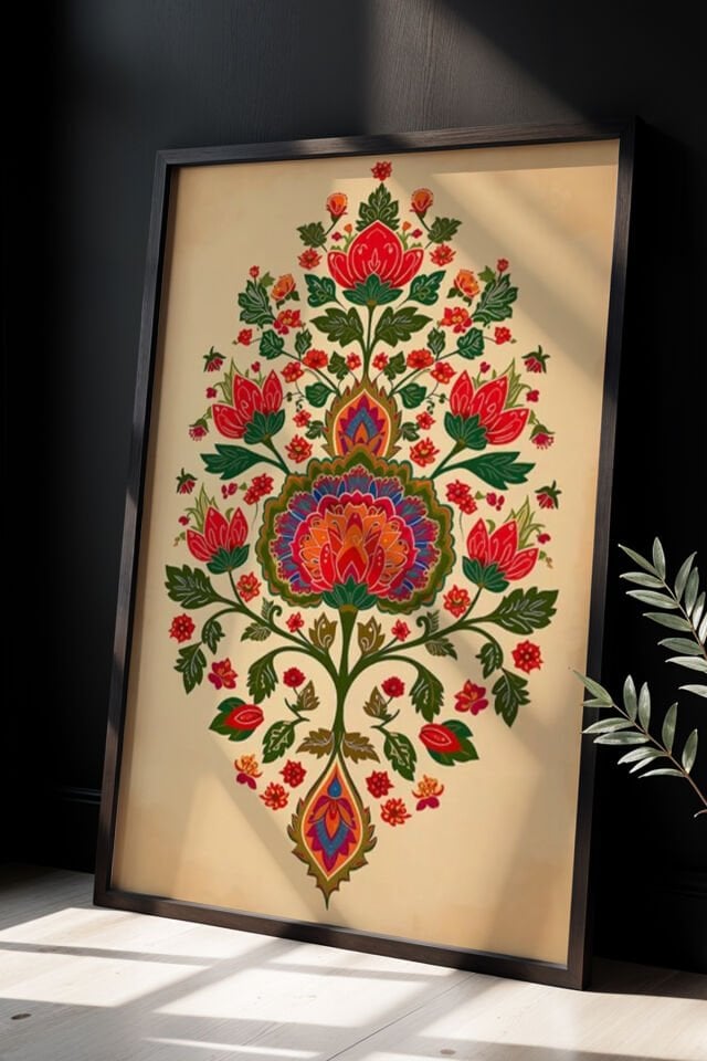 SİYAH - Doğal Ahşap Çerçeveli Hint Halk Sanatı, Çiçek Baskıları duvar tablosu