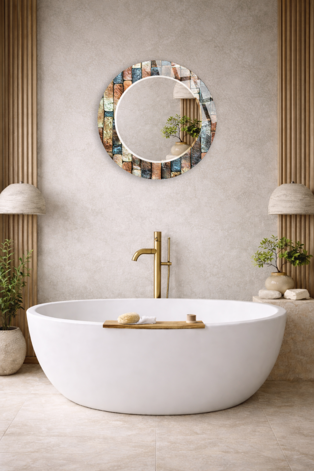 HEM TABLO HEM AYNA DOĞAL TAŞ MOZAİK DESENLİ DEKORATİF CAM DUVAR AYNASI BANYO VE EV DEKORU