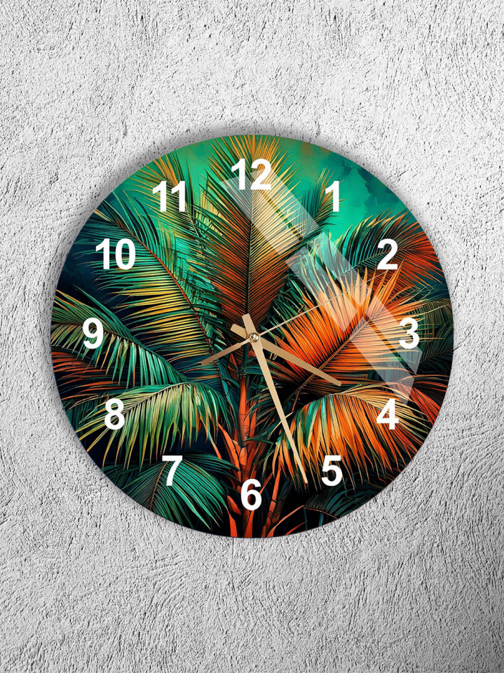 KIRILMAZ CAM DUVAR SAATİ, HEM TABLO HEM SAAT YEŞİL TURUNCU PALMİYE YAPRAK DESEN EV OFİS HEDİYESİ